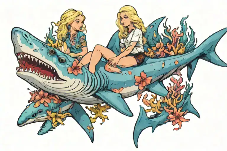 cute blonde girl with blue eyes riding on top of a hammerhead shark through some colorful coral reef tattoo design idea