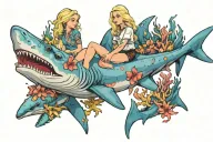 cute blonde girl with blue eyes riding on top of a hammerhead shark through some colorful coral reef tattoo design idea