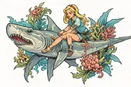 cute blonde girl with blue eyes riding on top of a hammerhead shark through some colorful coral reef tattoo design idea