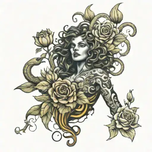 full body medusa with large snake wrapping around body surrounded by roses lilies and sunflowers tattoo design idea