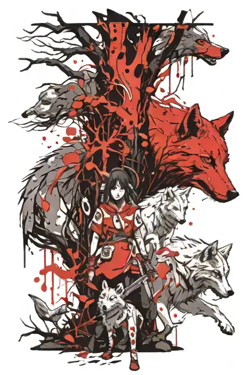 Princess Mononoke, with a wolf, background is a large tree filled with Kodama tattoo design idea