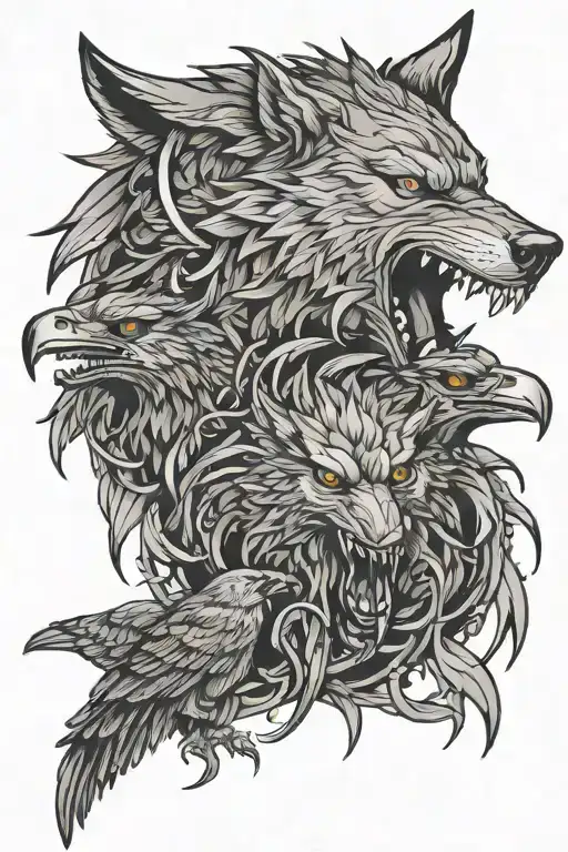 snarling wolf with 2 ravens Huginn and Muninn tattoo design idea