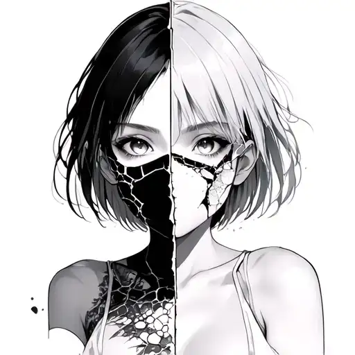 anime girl with broken glass mask split tattoo design idea