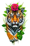 Tiger, grass, rose tattoo design idea