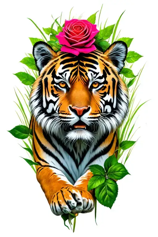 Tiger, grass, rose tattoo design idea