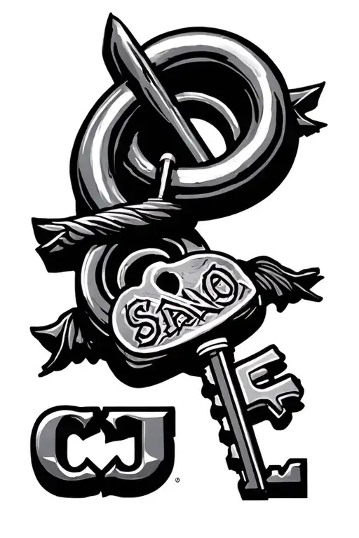 "CA" "CA" Chicano style tattoo featuring lock and key intertwined tattoo design idea