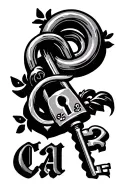 "CA" "CA" Chicano style tattoo featuring lock and key intertwined tattoo design idea