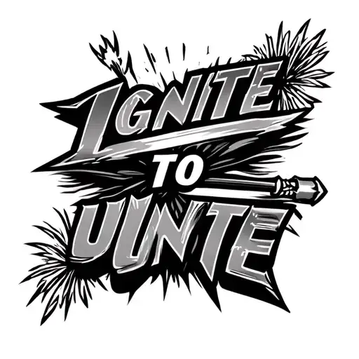 "Ignite to unite " 3 angled fireworkmortars under text, firing firework shell through text with willow effect on top of text  tattoo design idea