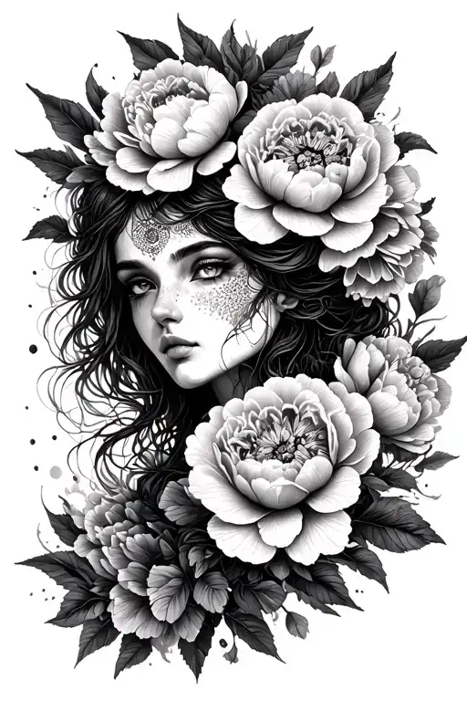 woman emerging from peonies, strength, resiliance, warrior, open eyes tattoo design idea