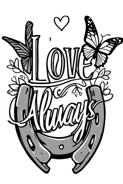 "love always" horseshoe with a butterfly flying tattoo design idea