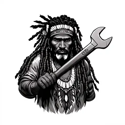 dread lock Native American holding a wrench  tattoo design idea
