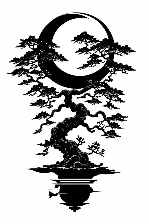 bonzai tree with moon tattoo design idea