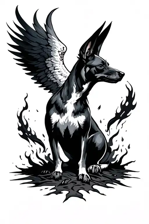 xoloitzcuintle black with a Phoenix rising from ashes tattoo design idea