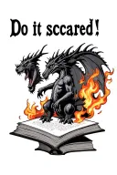"Do it scared" open book with fire, werewolves and dragons poping out tattoo design idea