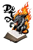 "Do it scared" open book with fire, werewolves and dragons poping out tattoo design idea