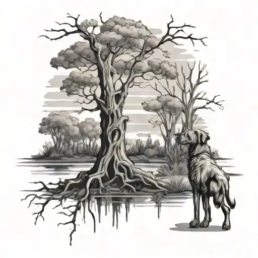 swamp tree and dog  tattoo design idea