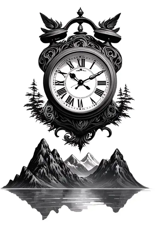 clock with tiger eye with mountains  tattoo design idea
