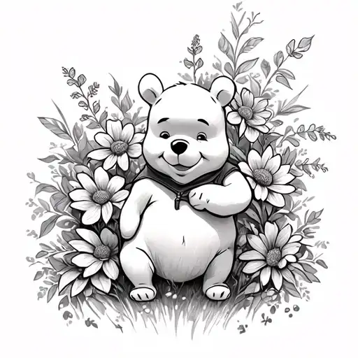 Winnie the Pooh and flowers growing tattoo design idea