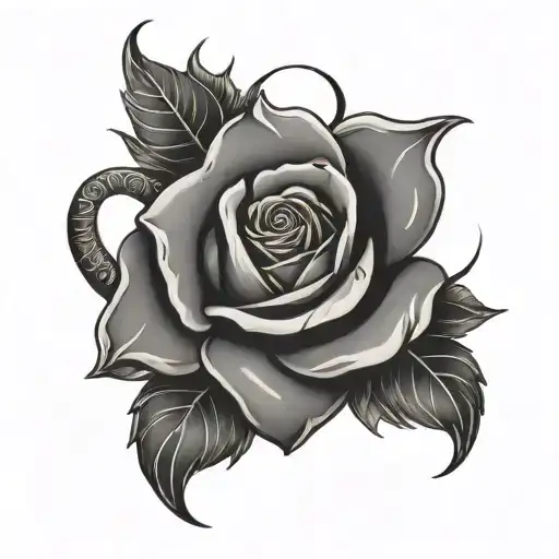 black-and-gray design featuring a horseshoe with a rose in the center. The horseshoe is positioned in a "U" shape, symbo tattoo design idea