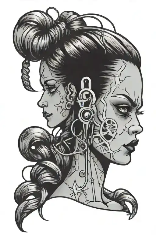 simple cartoonish Frankenstein girl with pigtails tattoo design idea