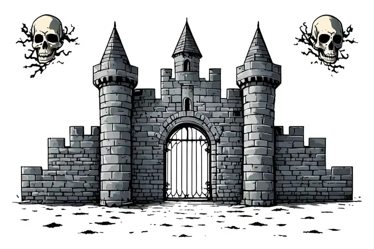 castle walls with a gate upfront with skulls as the castle walls tattoo design idea