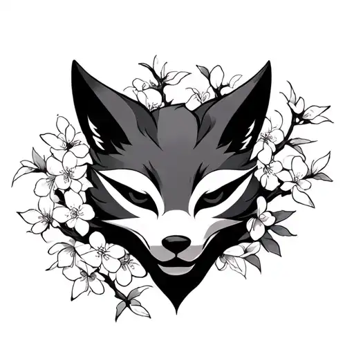 kitsune mask surrounded by cherry blossoms tattoo design idea