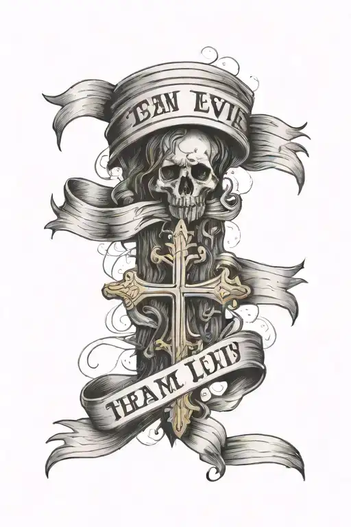 shaded forearm tattoo with a bible quote and Jesus with crosses and a ribbon that says team levi tattoo design idea