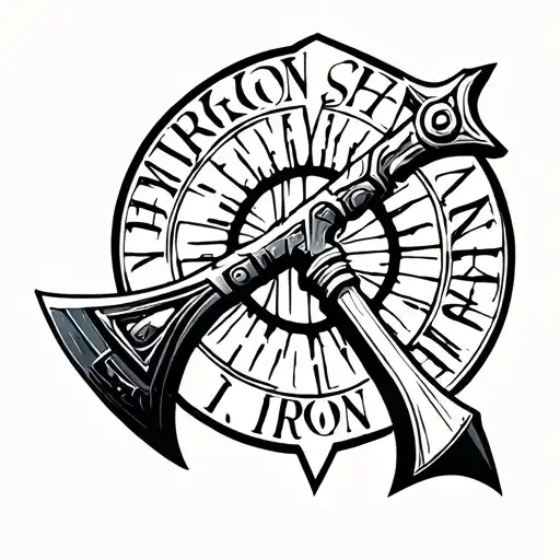 Black and white cybernetic axe tattoo saying iron sharpens iron tattoo design idea
