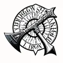 Black and white cybernetic axe tattoo saying iron sharpens iron tattoo design idea