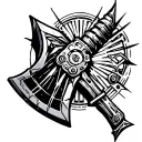 Black and white cybernetic axe tattoo saying iron sharpens iron tattoo design idea