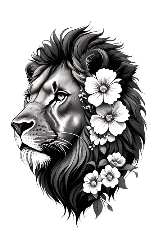 lion with flowers on side of face tattoo design idea