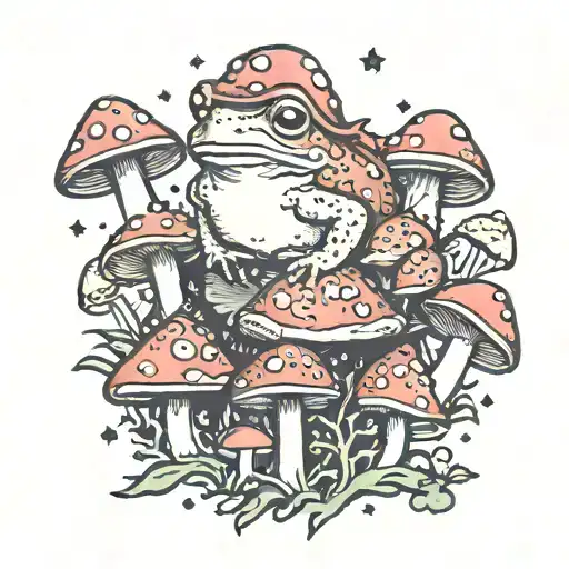 toad sitting surrounded by 4 toadstools with magic flurries around tattoo design idea