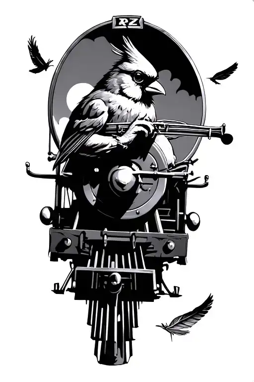 cardinal riding a train playing the harmonica with feathers flying around and the initials RZ somewhere in the picture tattoo design idea