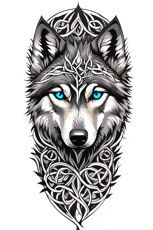 wolf with blue eyes featuring Celtic tree of life tattoo design idea