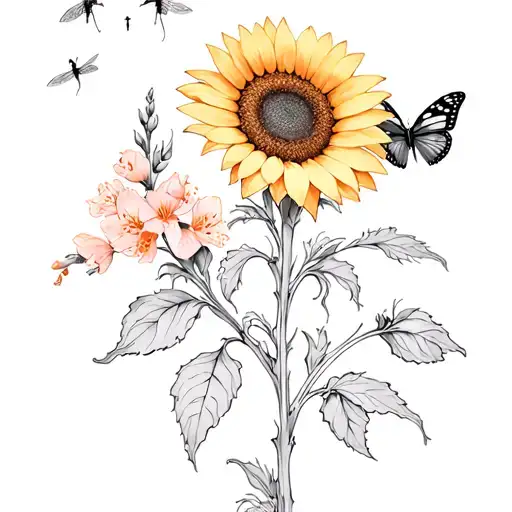 Sunflower, snapdragon, sage, peach blossom, butterfly, firefly, tattoo design idea