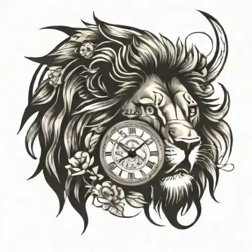 lion, cub, sun and clock  tattoo design idea