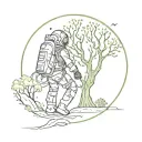 Astronaut exploring a mystical forest, with a tree of life at the center tattoo design idea