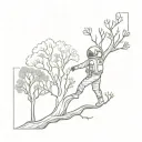 Astronaut exploring a mystical forest, with a tree of life at the center tattoo design idea