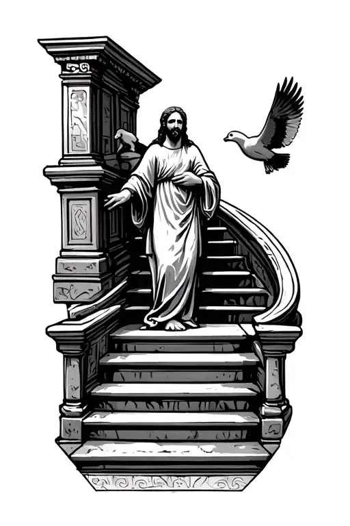 Stair case with stone pattern leading to a christian figure and a dove flying and a lamb tattoo design idea