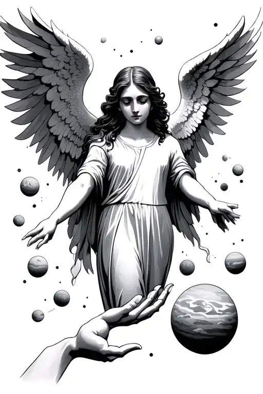 angel, planets and connecting hands reaching tattoo design idea
