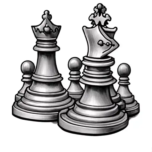 I need a basic tattoo based on chess pieces. I want a king and queen central on the tattoo, surrounded by 5 pawns tattoo design idea