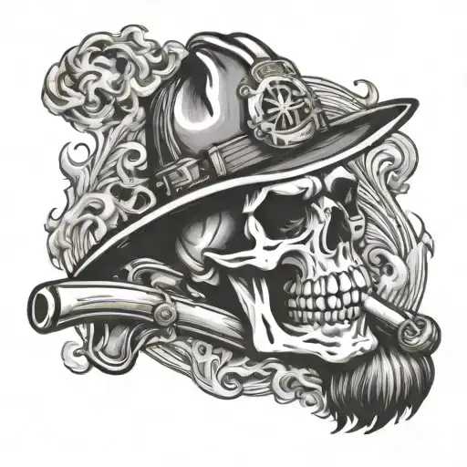 fire fighter skull smoking a cigar with the ocean and fire fighter emblem behind with 2 axes tattoo design idea