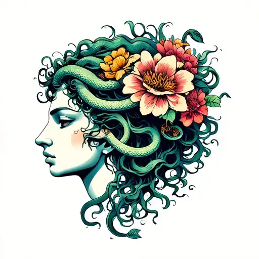 Medusa head with long hair and flowers, head from the side, with snakes tattoo design idea