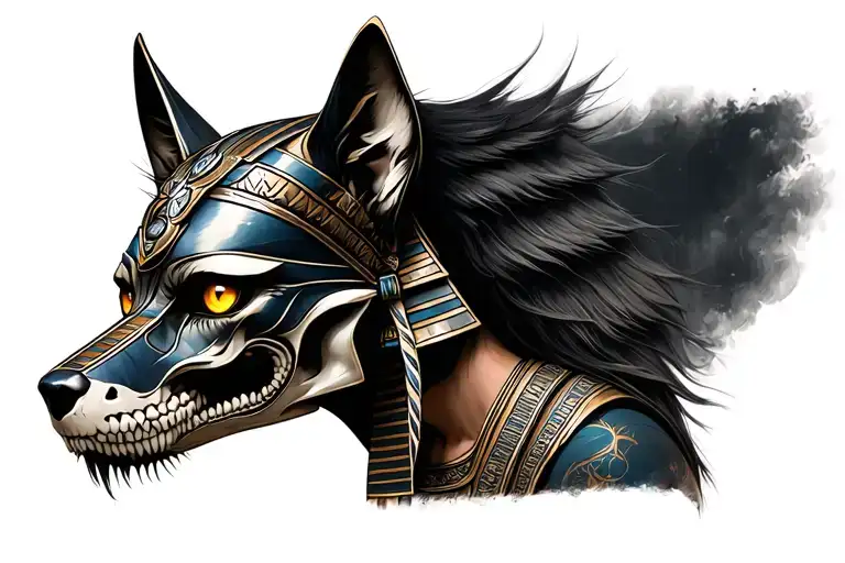 Black and gray forearm tattoo of a mysterious Egyptian warrior with a jackal skull mask, glowing gold eye tattoo design idea