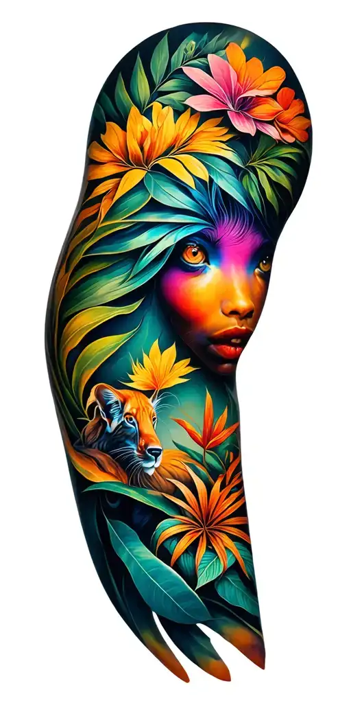 weave of colours from wrist blending to plants and animals at shoulder tattoo design idea