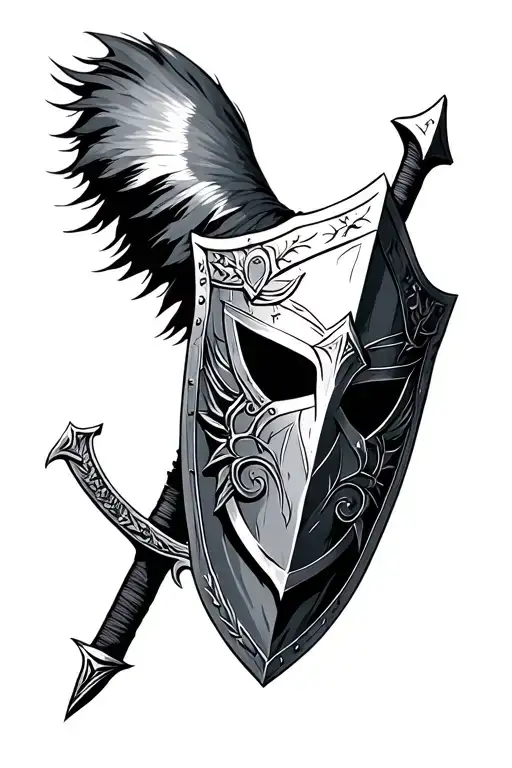 warrior helmet, sword, shield tattoo design idea