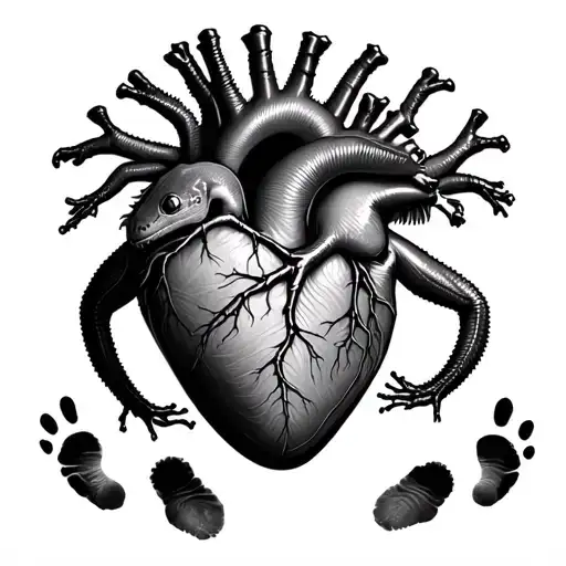 anatomical heart with crested gecko footprints on the inside tattoo design idea