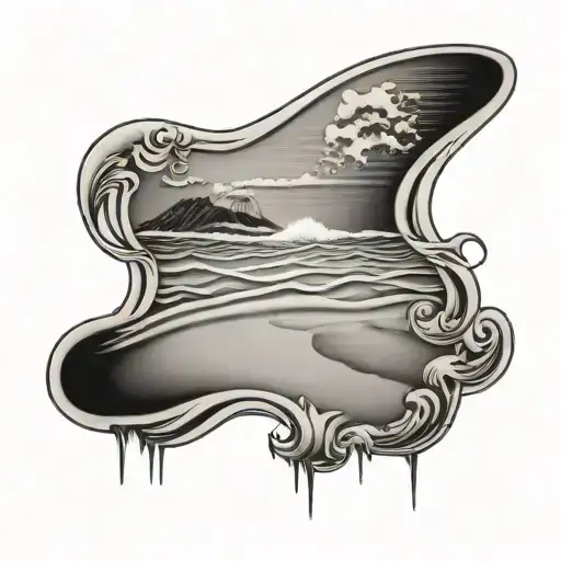 waves, surfboard, footprints in sand tattoo design idea