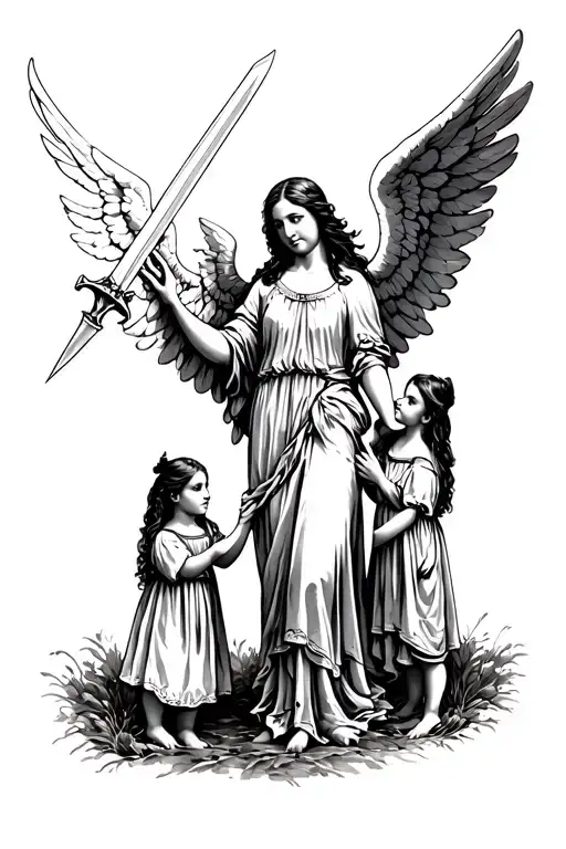 Angel with sword standing over a mother and two little girls tattoo design idea