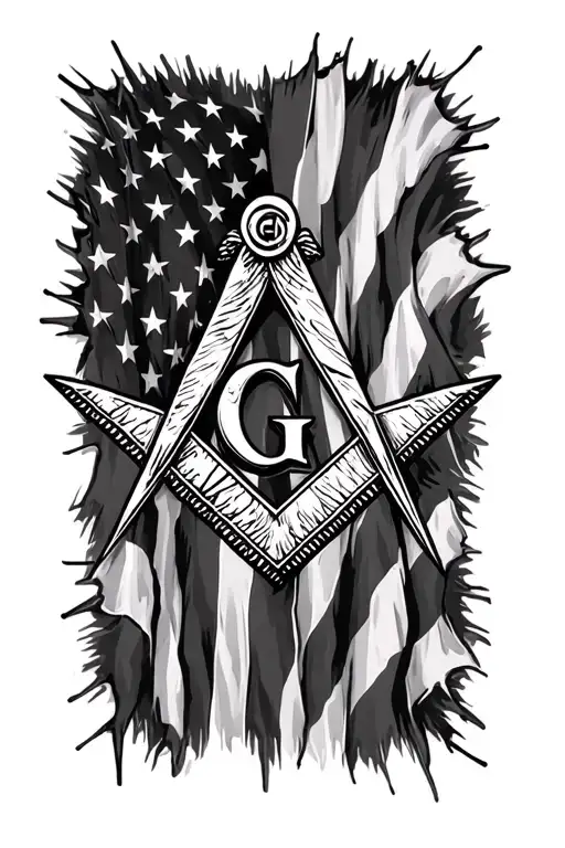 Masonic square and compass with tattered American flag background tattoo design idea